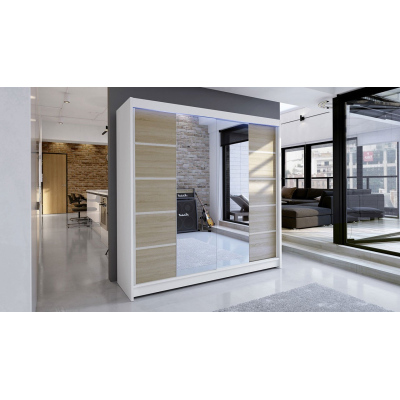 Šatní skříň 180 cm se zrcadlem a LED RGB osvětlením VILMA 5 - bílá / dub sonoma