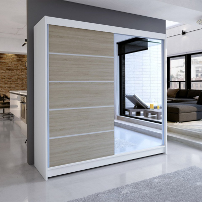 Šatní skříň 180 cm se zrcadlem a LED RGB osvětlením VILMA 3 - bílá / dub sonoma