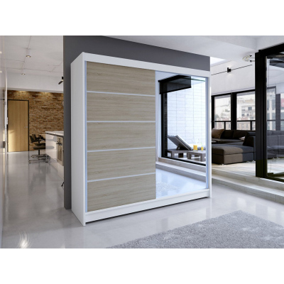 Šatní skříň 180 cm se zrcadlem a LED RGB osvětlením VILMA 3 - bílá / dub sonoma