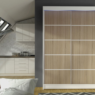 Posuvná šatní skříň 120 cm s LED RGB osvětlením SAMANRE 4 - bílá / dub sonoma