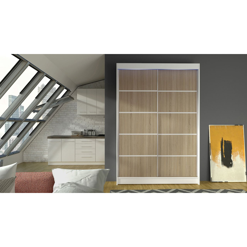 Posuvná šatní skříň 120 cm s LED RGB osvětlením SAMANRE 4 - bílá / dub sonoma