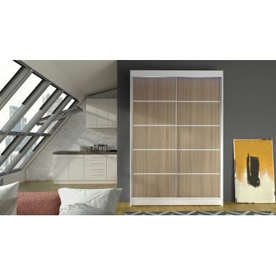 Posuvná šatní skříň 120 cm s LED RGB osvětlením SAMANRE 4 - bílá / dub sonoma