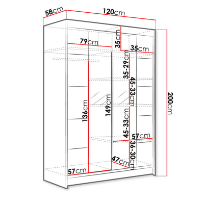 Posuvná šatní skříň 120 cm se zrcadlem a LED RGB osvětlením SAMANRE 5 - bílá / dub sonoma