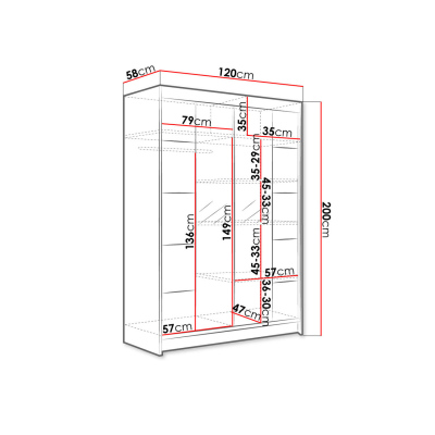 Posuvná šatní skříň 120 cm se zrcadlem a LED RGB osvětlením SAMANRE 5 - bílá / dub sonoma