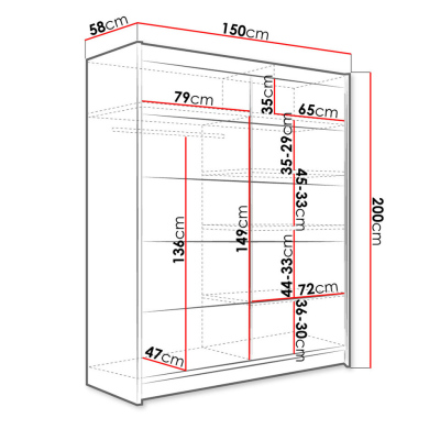 Kombinovaná šatní skříň 150 cm s posuvnými dveřmi a LED osvětlením PIRITU 4 - hnědá