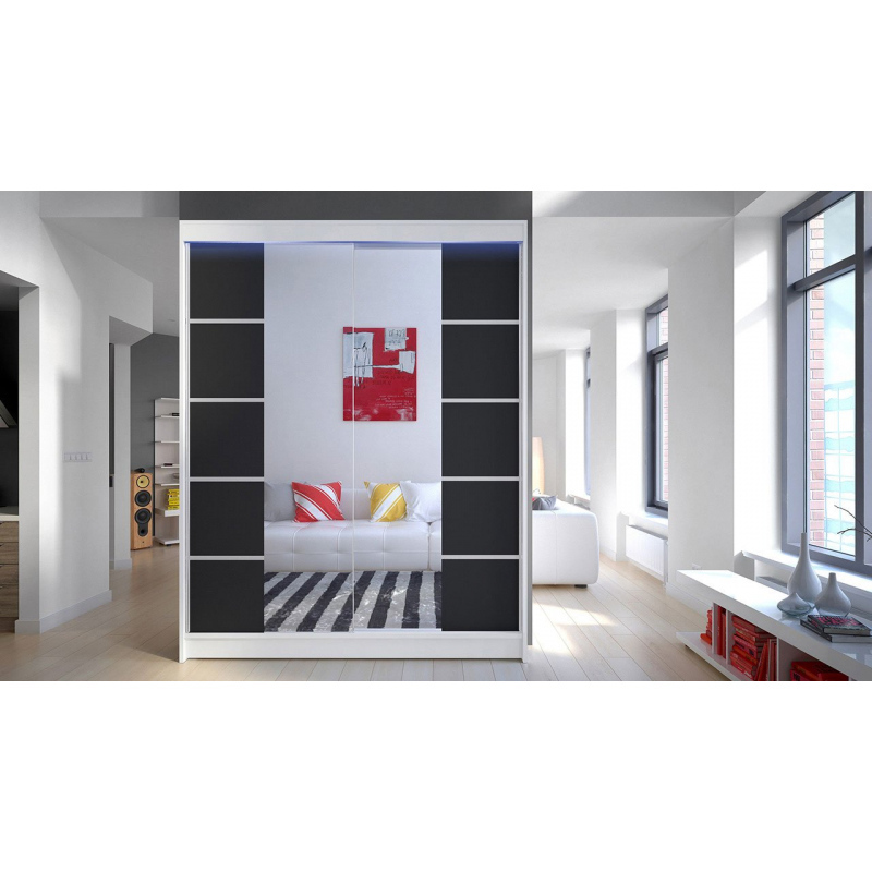 Zrcadlová šatní skříň 150 cm s posuvnými dveřmi a LED osvětlením PIRITU 5 - bílá / černá