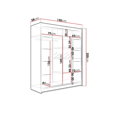 Zrcadlová šatní skříň 150 cm s posuvnými dveřmi a LED osvětlením PIRITU 5 - bílá / černá