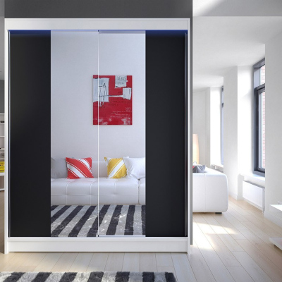 Šatní skříň 150 cm se zrcadlem a LED osvětlením PIRITU 2 - bílá / černá