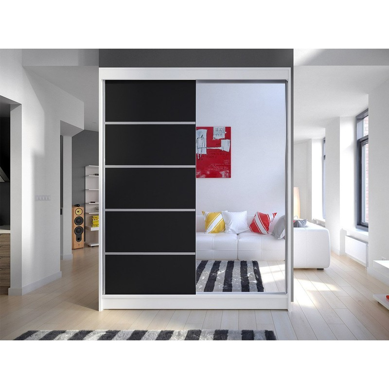 Šatní skříň 150 cm se zrcadlem a LED osvětlením PIRITU 3 - bílá / černá