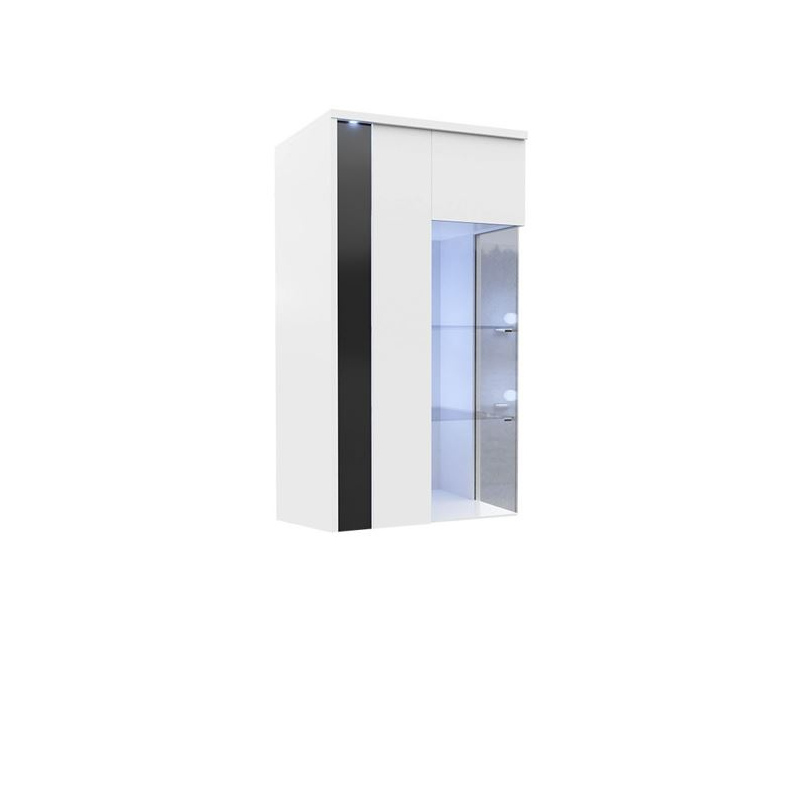 Závěsná vitrína s LED osvětlením BANTRY 3 - bílá / lesklá bílá / lesklá černá, levá