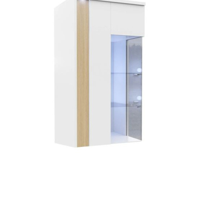 Závěsná vitrína s LED osvětlením BANTRY 3 - bílá / lesklá bílá / přírodní dýha, levá