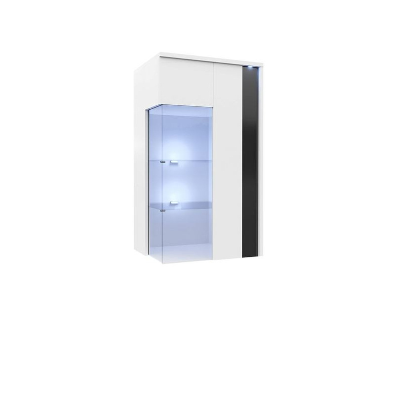 Závěsná vitrína s LED osvětlením BANTRY 3 - bílá / lesklá bílá / lesklá černá, pravá