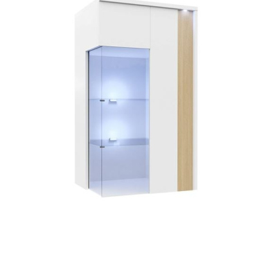 Závěsná vitrína s LED osvětlením BANTRY 3 - bílá / lesklá bílá / přírodní dýha, pravá