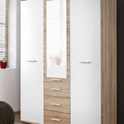 Skříň se zrcadlem do dětského pokoje EMAN - šířka 135 cm, dub sonoma / bílá