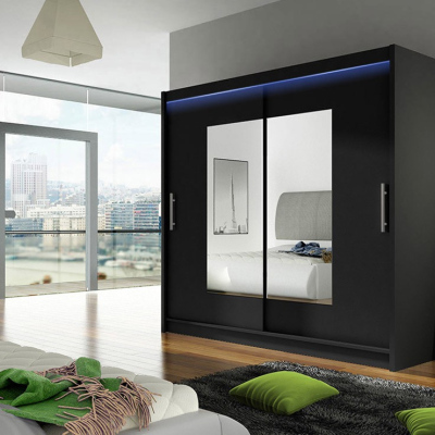 Šatní skříň 180 cm se zrcadlem a LED osvětlením FLORENCIO 7 - černá