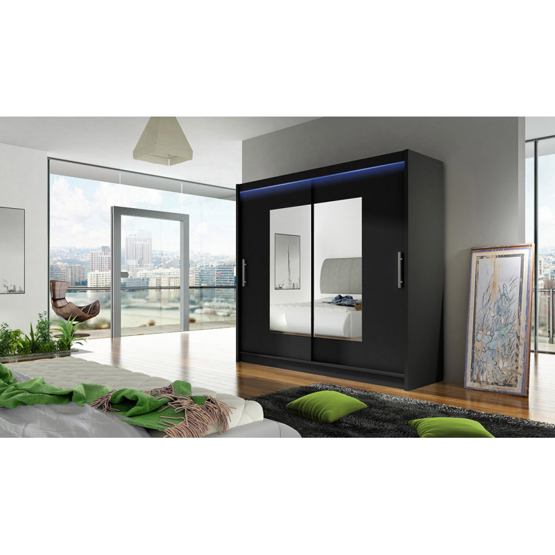 Šatní skříň 180 cm se zrcadlem a LED osvětlením FLORENCIO 7 - černá
