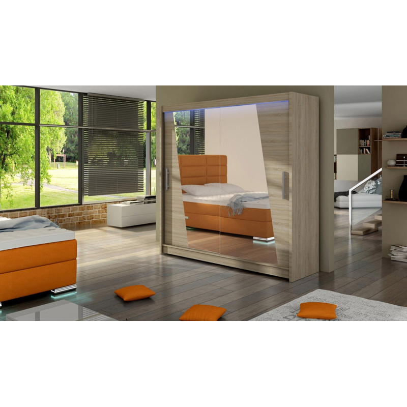 Šatní skříň 180 cm se zrcadlem a LED osvětlením FLORENCIO 14 - dub sonoma