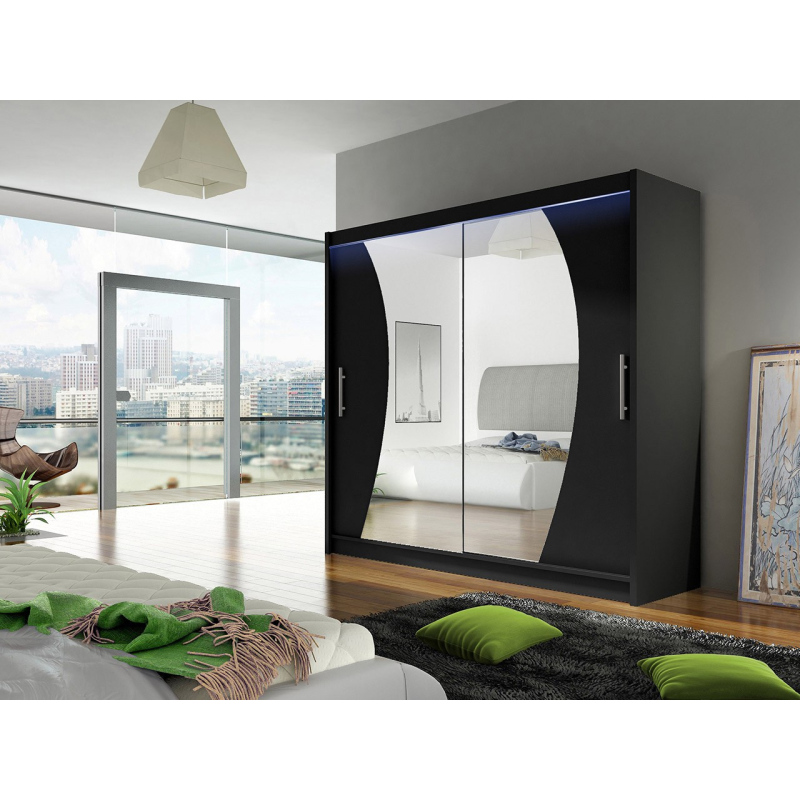 Šatní skříň 180 cm se zrcadlem a LED osvětlením FLORENCIO 9 - černá