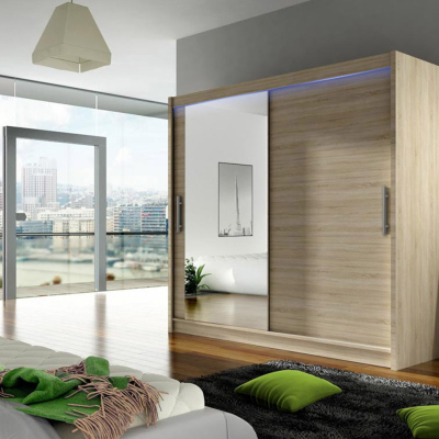 Šatní skříň 180 cm se zrcadlem a LED osvětlením FLORENCIO 6 - dub sonoma