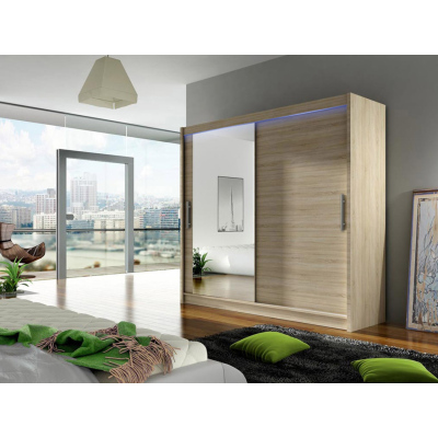 Šatní skříň 180 cm se zrcadlem a LED osvětlením FLORENCIO 6 - dub sonoma