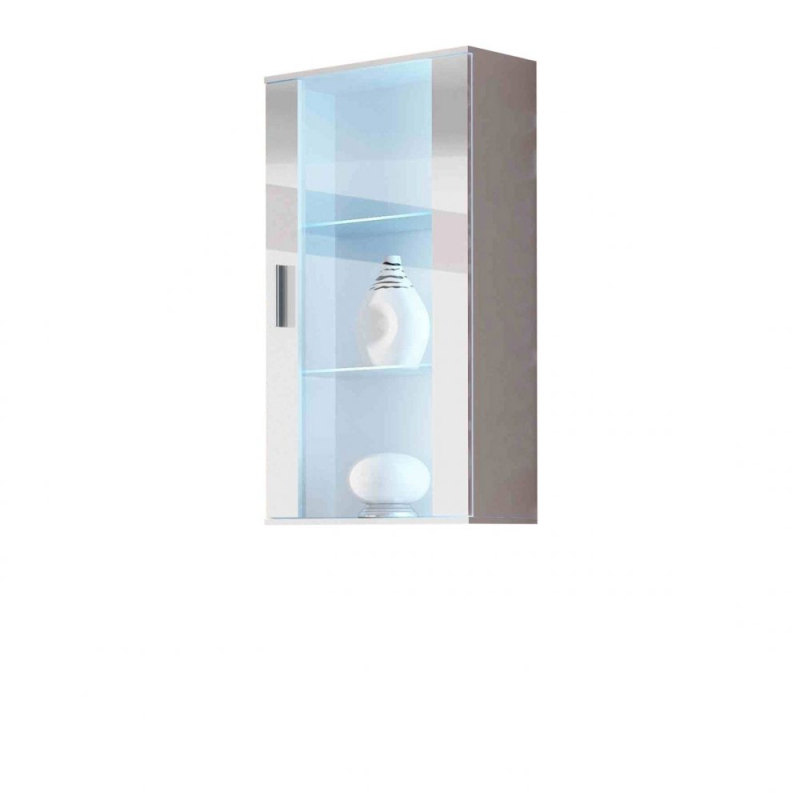 Závěsná vitrína s LED modrým osvětlením KARA - bílá / lesklá bílá