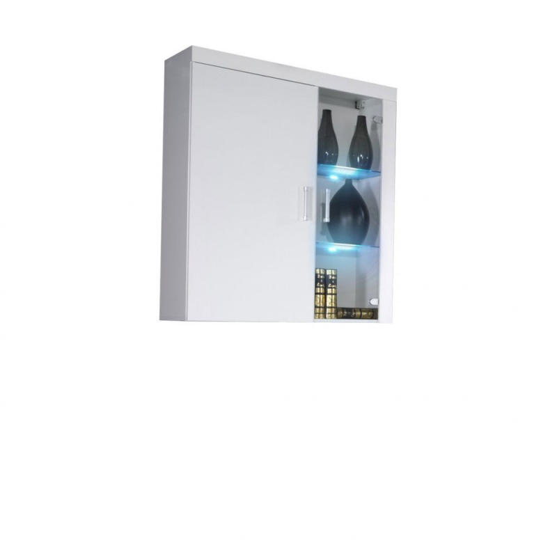 Závěsná vitrína s LED modrým osvětlením ITABUNA - bílá / lesklá bílá