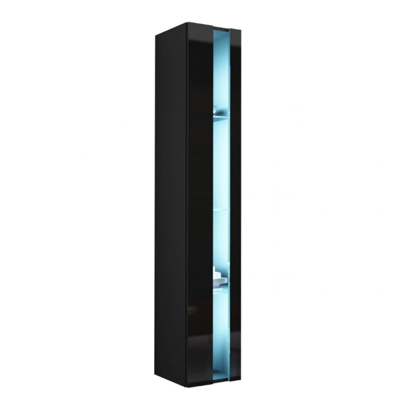Závěsná vitrína s LED modrým osvětlením ASHTON 2 - černá / lesklá černá