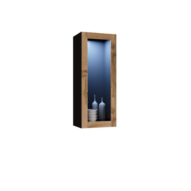 Závěsná vitrína s LED modrým osvětlením ASHTON - černá / dub wotan