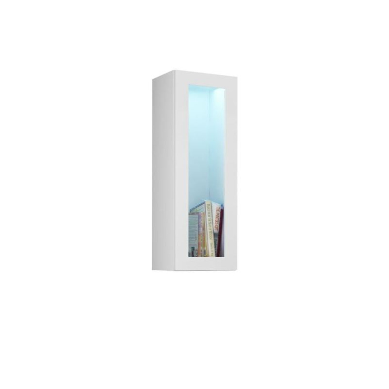 Závěsná vitrína s LED modrým osvětlením ASHTON - bílá / lesklá bílá