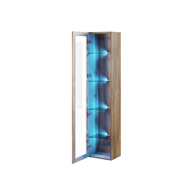 Vysoká závěsná vitrína s LED modrým osvětlením ASHTON - černá / dub wotan