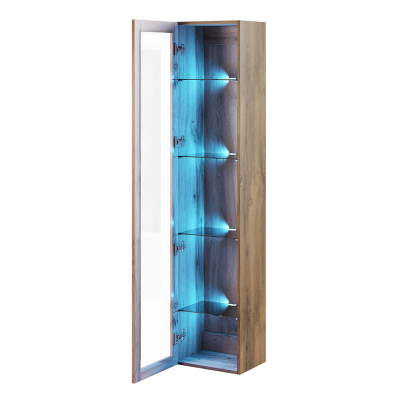 Vysoká závěsná vitrína s LED modrým osvětlením ASHTON - šedá / lesklá šedá