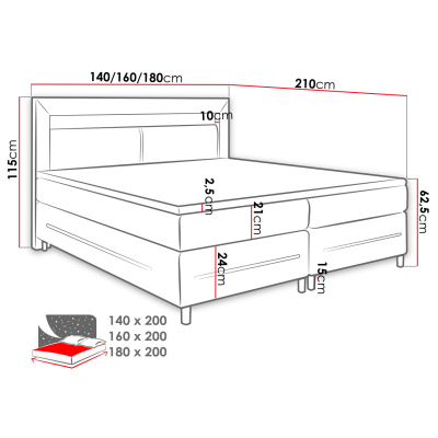 Boxpringová manželská postel s LED osvětlením 160x200 GALWAY - černá ekokůže + topper ZDARMA