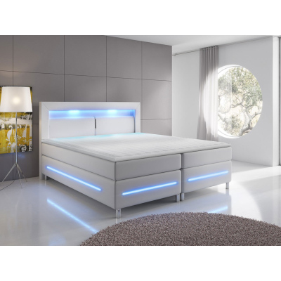 Boxpringová manželská postel s LED osvětlením 180x200 GALWAY - bílá ekokůže + topper ZDARMA