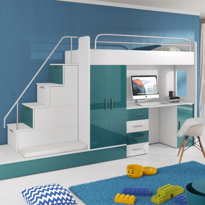 Dětská multifunkční patrová postel s roštem 80x200 GORT - bílá / tyrkysová