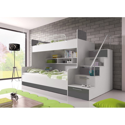 Dětská patrová postel 90x200 GORT - bílá / šedá, pravé provedení