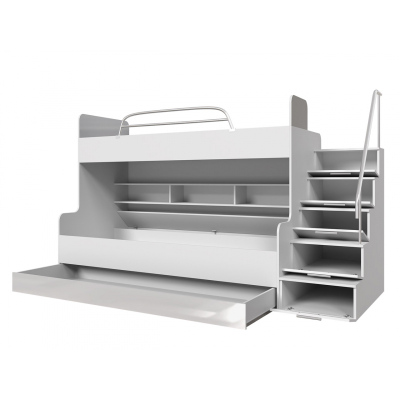 Dětská patrová postel s roštem 90x200 GORT - bílá / šedá, pravé provedení