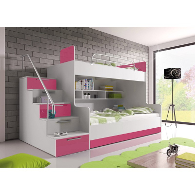 Dětská patrová postel s roštem 90x200 GORT - bílá / růžová, levé provedení