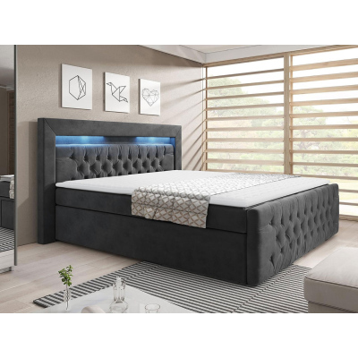 Boxpringová postel s LED osvětlením a úložným prostorem 140x200 DELBIN - šedá + topper ZDARMA