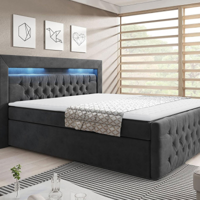 Boxpringová postel s LED osvětlením a úložným prostorem 160x200 DELBIN - šedá + topper ZDARMA