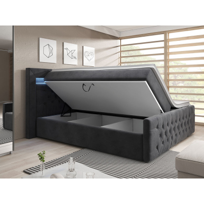 Boxpringová postel s LED osvětlením a úložným prostorem 160x200 DELBIN - šedá + topper ZDARMA