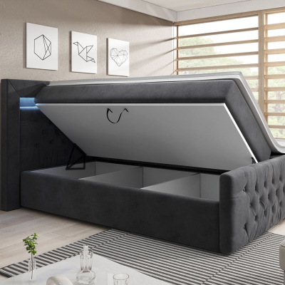 Boxpringová postel s LED osvětlením a úložným prostorem 180x200 DELBIN - šedá + topper ZDARMA