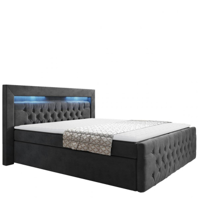 Boxpringová postel s LED osvětlením a úložným prostorem 180x200 DELBIN - šedá + topper ZDARMA