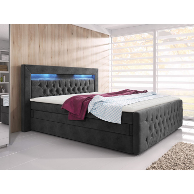 Boxpringová postel s LED osvětlením a úložným prostorem 140x200 DELBIN 1 - šedá + topper ZDARMA