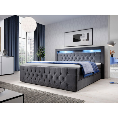 Boxpringová postel s LED osvětlením a úložným prostorem 160x200 DELBIN 1 - šedá + topper ZDARMA