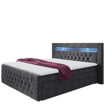 Boxpringová postel s LED osvětlením a úložným prostorem 180x200 DELBIN 1 - šedá + topper ZDARMA