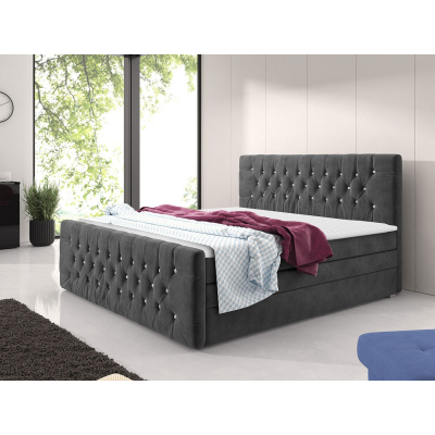 Boxpringová manželská postel s úložným prostorem 140x200 ENNIS - šedá + topper ZDARMA