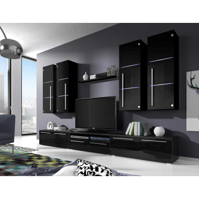 Obývací stěna s LED osvětlením ANTRIM - černá / lesklá černá