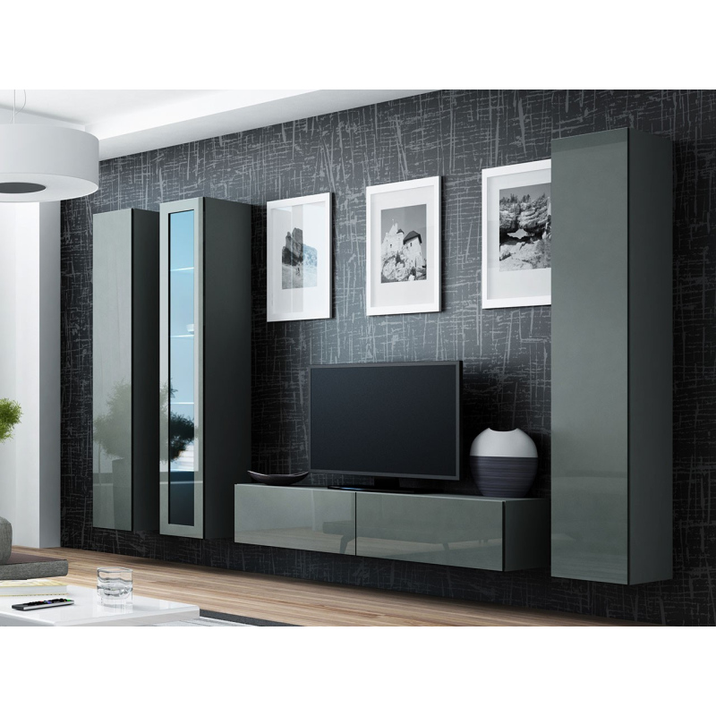 Obývací stěna s LED modrým osvětlením ASHTON 15 - šedá / lesklá šedá