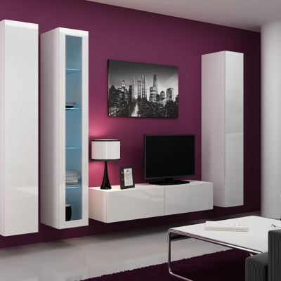Obývací stěna s LED RGB osvětlením ASHTON 15 - bílá / lesklá bílá