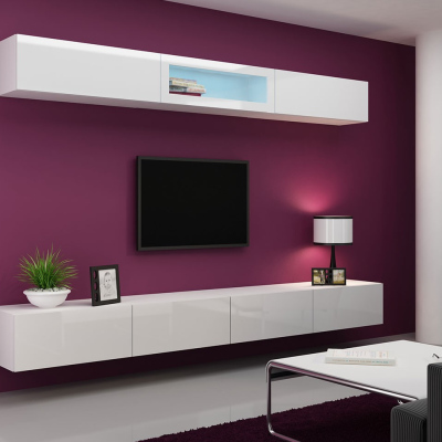 Obývací stěna s LED bílým osvětlením ASHTON 12 - bílá / lesklá bílá